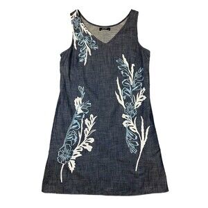 eShakti Blue Chambray V-Neck Embroidered Sleeveless Shift Dress Size M (8)